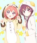  2girls :d absurdres akaza_akari animal_costume bangs blue_background blush closed_mouth commentary_request dog_costume eyebrows_visible_through_hair goat_costume hand_up hands_up highres hood hood_up looking_at_viewer mesushio multiple_girls open_mouth outline pajamas purple_eyes purple_hair red_hair short_hair smile standing starry_background sugiura_ayano white_outline yuru_yuri 