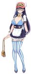  1girl baseball_cap blue_eyes breasts clothes_writing disembodied_limb dr._slump garter_belt garter_straps hat highres kntrs_(knyrs) large_breasts long_hair looking_at_viewer norimaki_arale older purple_hair smile solo striped striped_legwear winged_hat 