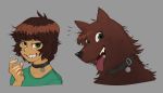  2019 ambiguous_gender anthro before_and_after black_nose brown_body brown_fur brown_hair canid collar dogbomber female_(lore) fur green_eyes grey_background hair human human_to_anthro mammal simple_background smile solo species_transformation tongue tongue_out transformation 