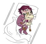  1girl bed_sheet cuddling futon gen_1_pokemon highres kiana_mai meowth pajamas pillow poke_ball pokemon purple_hair sleeping 