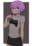  1girl bangs black_shorts blush dark_skin eyebrows_visible_through_hair fate/prototype fate/prototype:_fragments_of_blue_and_silver fate_(series) grey_shirt hair_between_eyes hand_up hassan_of_serenity_(fate) highres i.u.y parted_lips playstation_controller print_shirt purple_eyes purple_hair shirt short_hair short_shorts short_sleeves shorts sidelocks smile solo 