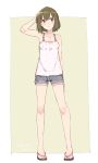  1girl absurdres armpits bare_shoulders black_shorts blush brown_hair collarbone denim denim_shorts full_body hand_up highres idolmaster idolmaster_million_live! maikuro nagayoshi_subaru open_mouth red_eyes sandals shirt short_hair shorts simple_background sleeveless solo standing white_shirt yellow_background 