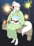  2020 absurd_res accessory anthro asian_clothing bench blush canid canine canis clothing domestic_dog east_asian_clothing fan_(disambiguation) female fireworks fur green_clothing hair hair_accessory hi_res holding_object japanese_clothing kame_3 kimono mammal smile solo tied_hair white_body white_fur white_hair 