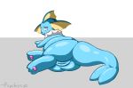 2020 blue_body blue_eyes blue_fin blue_paws blue_tail butt cel_shading digital_drawing_(artwork) digital_media_(artwork) eeveelution female feral fin genitals hi_res looking_at_viewer looking_back looking_back_at_viewer lying nintendo on_side pawpads pink_pawpads pok&eacute;mon pok&eacute;mon_(species) presenting presenting_pussy psychpsy psychpsyo pussy signature simple_background solo tan_ears text vaporeon video_games white_background 