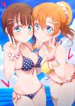  2girls alternate_hairstyle arm_scrunchie armband asymmetrical_docking bangs between_breasts bikini birthday blue_eyes bracelet breast_press breasts brown_hair cleavage cloud cloudy_sky collarbone commentary_request earrings green_eyes hair_ornament heart heart_earrings highres jewelry kitahara_tomoe_(kitahara_koubou) kousaka_honoka kousaka_yukiho long_hair love_live! love_live!_school_idol_project medium_breasts multiple_girls nail_polish ocean orange_hair orange_nails polka_dot polka_dot_bikini polka_dot_scrunchie ponytail scrunchie short_hair siblings sidelocks sisters sky smile swimsuit thigh_strap twitter_username v 