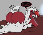  anthro ass_up bed big_butt blush butt canid canine darkwolfhybrid dialogue ear_piercing female furniture hi_res looking_at_viewer lycanroc lying mammal midnight_lycanroc nintendo on_front piercing pok&eacute;mon pok&eacute;mon_(species) presenting raised_tail rear_view shaundi_(darkwolf) slightly_chubby solo thick_thighs video_games 