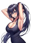  1girl armpits arms_behind_head arms_up bare_arms bare_shoulders black_eyes black_hair black_shirt breasts cleavage collarbone hair_between_eyes hair_tie_in_mouth heirou highres large_breasts long_hair looking_at_viewer mouth_hold original ponytail shirt simple_background sleeveless sleeveless_shirt solo upper_body v-shaped_eyebrows white_background 