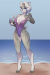  2020 absurd_res anthro beach breasts bunnywhiskerz cleavage clothed clothing coconut drupe_(fruit) felid female food fruit hi_res machairodontine mammal one-piece_swimsuit plant sand sea seaside smile solo straw summer swimwear water 