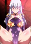  1girl armlet armor bangs bikini_armor blush bracelet breasts cameltoe circlet closed_mouth collar collarbone crotch detached_sleeves dress earrings fate/grand_order fate_(series) floral_print hair_ribbon hera_(hara0742) highres jewelry kama_(fate/grand_order) large_breasts long_hair looking_at_viewer metal_collar pelvic_curtain pink_ribbon purple_dress purple_sleeves red_eyes ribbon ring silver_hair smile spread_legs thighs 