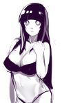  1girl bangs bikini blunt_bangs breasts cleavage collarbone cowboy_shot greyscale hip_bones hyuuga_hinata large_breasts long_hair looking_at_viewer monochrome naruto naruto_(series) naruto_shippuuden navel parted_lips sho-n-d simple_background sketch solo swimsuit white_background 