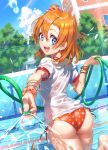  1girl :d ass barefoot bikini blue_eyes blue_sky bracelet cloud commentary_request dated day gym_uniform hair_ornament hair_scrunchie highres hose jewelry kousaka_honoka looking_at_viewer looking_back love_live! love_live!_school_idol_project open_mouth orange_hair outdoors scrunchie shirt short_hair side_ponytail signature sky smile soles solo star_(symbol) swimsuit teeth upper_teeth water wedo wet wet_clothes wet_shirt 