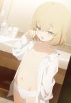  1girl bathroom blonde_hair blue_eyes blush collarbone collared_shirt commentary cowboy_shot doremi eyebrows_visible_through_hair fang girls_und_panzer highres indoors katyusha_(girls_und_panzer) navel open_clothes open_mouth open_shirt panties shirt short_hair sink soap_bottle solo underwear white_shirt 