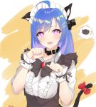  1girl alternate_costume animal_ears apron azur_lane blue_hair cat_ears cat_tail collar enmaided frilled_apron frills gradient_hair headgear helena_(azur_lane) highres maid maid_apron maid_dress maid_headdress multicolored_hair pet_collar puffy_sleeves purple_eyes short_sleeves tail vayneeeee wrist_cuffs 