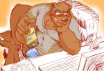  2020 anthro blush bodily_fluids brown_body brown_fur bulge clothing computer drooling fur gnj97 kemono male mammal overweight overweight_male saliva shirt simple_background sitting solo topwear underwear ursid 