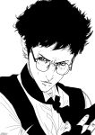  1boy absurdres bill_wenburg black_hair black_neckwear fingerless_gloves glasses gloves greyscale highres levius looking_at_viewer male_focus monochrome necktie tomobaku upper_body white_background 