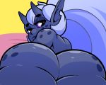  5:4 big_butt blue_body blue_skin butt female fi_(regret_everything) freckles horn horned_humanoid huge_butt humanoid looking_back not_furry nude regret_everything short_stack simple_background solo thick_thighs 