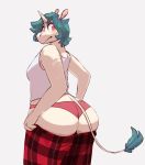  2017 ambiguous_gender anthro big_butt blush bottomwear butt butt_pose clothing clothing_too_small embarrassed equid equine fruitsloops green_hair hair hi_res horn looking_back mammal panties pattern_clothing plaid plaid_bottomwear plaid_clothing pose putting_on_clothes red_clothing red_eyes red_panties red_underwear shirt simple_background solo tan_body tank_top thick_thighs topwear underwear unicorn white_background 