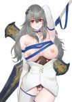  1girl absurdres azur_lane bare_shoulders blu_(1712) blue_ribbon breasts detached_sleeves diamond_(shape) eyebrows_visible_through_hair grey_hair hair_ornament hand_behind_head highres holding holding_polearm holding_weapon large_breasts light_blush long_hair nipples polearm polearm_behind_back pubic_hair red_eyes ribbon saint-louis_(azur_lane) teeth thighhighs torn_clothes weapon white_corset white_legwear 