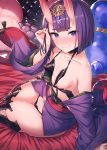  1girl areola_slip areolae bangs bare_shoulders commentary_request fate/grand_order fate_(series) hand_up headpiece horns ibuki_notsu japanese_clothes kimono long_sleeves looking_at_viewer obi off_shoulder oni oni_horns purple_eyes purple_hair purple_kimono red_sash sash short_hair shuten_douji_(fate/grand_order) sitting solo thighhighs thighs 
