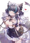  1girl arm_up azur_lane bangs black_dress black_hair blue_eyes blue_hair blue_nails blunt_bangs breasts cheshire_(azur_lane) cleavage closed_mouth commentary cowboy_shot cuffs detached_sleeves dress earrings eyebrows_visible_through_hair garter_straps heart heart_hands highres jewelry large_breasts looking_at_viewer maid_headdress medium_hair moon_(ornament) multicolored_hair nail_polish ribbon simple_background smile streaked_hair thighhighs turkey_(weave7769) white_background white_legwear white_ribbon 