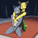 1:1 anthro anthrofied barefoot bottomwear clothed clothing collar covering covering_crotch duo eeveelution fully_clothed fuze harness hi_res jolteon kneeling leash leash_pull male male/male mostly_nude navel nintendo nipples on_ground pants pok&eacute;mon pok&eacute;mon_(species) rhydon shirt tank_top topwear video_games 