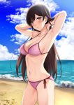  1girl armpits arms_up bangs bare_shoulders beach bikini blush breasts brown_eyes brown_hair cleavage closed_mouth collarbone day highres kanojo_okarishimasu large_breasts long_hair looking_at_viewer mizuhara_chizuru navel outdoors pink_bikini solo stomach swimsuit xtermination 