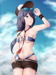  1girl ariake_(kantai_collection) baseball_cap bikini black_wristband blue_sky breasts brown_shorts cloud commentary_request cowboy_shot hair_over_one_eye hand_in_pocket hat highres kantai_collection long_hair looking_to_the_side necktie purple_bikini purple_eyes purple_hair rainysnowy108 red_neckwear short_shorts shorts sky small_breasts solo swimsuit 