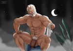  1boy abs bara beard bulge cerberus_arts chest facial_hair hogen_(tokyo_houkago_summoners) horns large_penis looking_at_viewer male_focus manly moon muscle nipples old_man pectorals penis single_horn sitting smile solo sweat tokyo_houkago_summoners towel upper_body yellow_eyes 