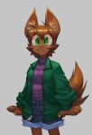  2020 animal_humanoid bottomwear brown_hair canid canid_humanoid clothing cute_fangs dogbomber female green_eyes grey_background hair humanoid jacket looking_at_viewer mammal mammal_humanoid shorts simple_background smile solo topwear turtleneck zipper 