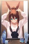  1girl absurdres alternate_costume amiya_(arknights) animal_ears animal_print arknights arms_up bangs blue_eyes brown_hair bunny_ears bunny_print commentary_request eyebrows_visible_through_hair hair_between_eyes highres long_hair looking_at_viewer mirror mizu_(lzzrwi603) print_sweater reflection sidelocks solo sweater upper_body white_sweater 