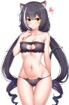  1girl absurdres animal_ear_fluff animal_ears bare_arms bare_shoulders black_bra black_hair black_panties bra breasts cat_ears cat_girl cat_lingerie cat_tail cleavage cowboy_shot frilled_bra frills green_eyes groin hand_up highres karyl_(princess_connect!) long_hair looking_at_viewer low_twintails medium_breasts meme_attire multicolored_hair navel panties princess_connect! princess_connect!_re:dive revision simple_background smile solo standing stomach streaked_hair string_panties sunhyun tail tail_raised thighs twintails underwear underwear_only very_long_hair white_background 