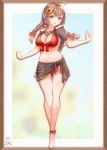  1girl absurdres ahoge anklet barefoot bikini black_sarong braid breasts brown_eyes brown_hair cleavage commentary_request dated flower full_body hair_flower hair_ornament highres jewelry kantai_collection large_breasts long_hair looking_at_viewer red_bikini sarong shanghmely shinshuu_maru_(kantai_collection) signature solo standing sunflower swimsuit twin_braids 