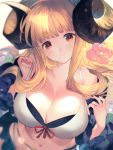  ahoge anila_(granblue_fantasy) blonde_hair breasts cleavage draph goroo granblue_fantasy horns large_breasts long_hair sheep_horns short_eyebrows smile swimsuit yellow_eyes 