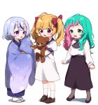  3girls :d ahoge bangs black_footwear black_skirt blonde_hair blue_hair blue_kimono blue_sailor_collar blush bow brown_footwear commentary_request crying crying_with_eyes_open dress eyebrows_visible_through_hair genderswap genderswap_(mtf) green_eyes green_hair grey_legwear hair_bow holding holding_stuffed_animal horns japanese_clothes joe_rikiichi kimono loafers long_hair long_sleeves mole mole_under_mouth multicolored_hair multiple_girls nijisanji obi oni oni_horns open_mouth pantyhose pink_hair puffy_short_sleeves puffy_sleeves purple_eyes red_bow red_eyes rindou_mikoto sailor_collar sailor_dress sash shadow shirt shoes short_eyebrows short_sleeves skirt sleeves_past_fingers sleeves_past_wrists smile snot socks standing streaked_hair stuffed_animal stuffed_toy tabi takamiya_rion tears teddy_bear thick_eyebrows twintails two-tone_hair virtual_youtuber wavy_mouth white_background white_dress white_legwear white_shirt yamabukiiro younger zouri 