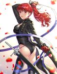  1girl black_legwear black_leotard blush boots commentary commentary_request gloves highres leotard long_hair looking_at_viewer persona persona_5 persona_5_the_royal petals ponytail red_eyes red_gloves red_hair shiny shiny_hair shirotoge solo standing thigh_boots thighhighs yoshizawa_kasumi 