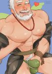  1boy abs bara beard bulge cerberus_arts chest facial_hair hogen_(tokyo_houkago_summoners) looking_at_viewer male_focus manly muscle nipples pectoral_grab pectorals solo tokyo_houkago_summoners upper_body white_background yellow_eyes 