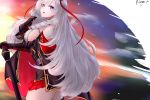  1girl algerie_(azur_lane) artist_request ass azur_lane bare_shoulders breasts cape drill_hair eyebrows_visible_through_hair gauntlets highres holding large_breasts long_hair looking_at_viewer looking_to_the_side mace pleated_skirt purple_eyes red_skirt sideboob silver_hair skirt solo twin_drills very_long_hair weapon 