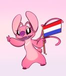  &lt;3 2020 alien angel_(lilo_and_stitch) antennae_(anatomy) black_eyes claws disney dutch_flag edit experiment_(lilo_and_stitch) eyelashes fingers flag fur gesture hi_res holding_flag holding_object lilo_and_stitch long_ears netherlands open_mouth open_smile pink_background pink_body pink_fur pink_inner_ear purple_claws purple_nose sharp_teeth simple_background smile solo starryblast9 teeth toe_claws tongue v_sign 