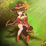  1girl black_gloves brown_hair gloves hat kono_subarashii_sekai_ni_shukufuku_wo! megumin meru_rumi red_eyes short_hair_with_long_locks witch_hat 