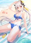  1girl bangs bare_shoulders beach bikini blue_bikini blush breasts cleavage closed_mouth collarbone dragon_girl dragon_horns fate/grand_order fate_(series) hair_ornament hair_ribbon highres horns kiyohime_(fate/grand_order) kiyohime_(swimsuit_lancer)_(fate) long_hair looking_at_viewer medium_breasts multiple_horns navel ponytail red_eyes ribbon ririko_(zhuoyandesailaer) shore smile swimsuit thighs white_hair yellow_ribbon 