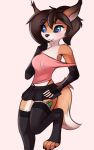  anthro blue_eyes bottomwear canid canine clothing ear_tuft fangs female fox hair hi_res kella legwear mammal red_fox shirt simple_background skirt solo stockings topwear tuft twiren 