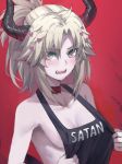  1girl alternate_costume blonde_hair blush breasts earrings fate/grand_order fate_(series) green_eyes heart heart_eyes helltaker highres horns jewelry looking_at_viewer mordred_(fate)_(all) ponytail red_background small_breasts solo tonee upper_body 