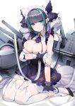  1girl :3 azur_lane bare_shoulders black_footwear black_hair blue_eyes blue_hair blush breast_hold breasts cheshire_(azur_lane) cleavage detached_sleeves dress eyebrows_visible_through_hair frills garter_straps hairband head_tilt high_heels highres large_breasts looking_at_viewer luse_maonang maid_headdress multicolored_hair puffy_sleeves ribbon rigging sitting smile solo streaked_hair thighhighs thighs wariza white_legwear wrist_cuffs 