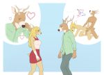  9x9 all_fours anthro antlers cervid cervine clothed clothing doggystyle duo eye_contact female from_behind_position horn kneeling looking_at_another male male/female mammal nude sex simple_background smile walking 