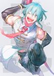  1boy ;d aqua_eyes aqua_hair artist_name black_gloves chinese_clothes elbow_gloves gloves grey_background looking_at_viewer male_focus necktie one_eye_closed open_mouth pole red_neckwear shen_(undead_unluck) smile solo undead_unluck waterstaring 