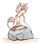  2018 anthro big_butt bottomwear butt butt_pose clothing equid equine female freckles fruitsloops hair hand_on_leg hi_res horn huge_butt jeans looking_at_viewer looking_back mammal pants pink_hair pose shirt simple_background sitting solo tan_body tank_top thick_thighs thong topwear underwear unicorn 