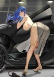  1girl ass azur_lane backless_dress backless_outfit bare_arms bare_legs bare_shoulders bent_over blue_hair bottle breasts car ceiling_light dress earrings grey_dress grey_footwear ground_vehicle hair_ornament hairclip high_heels highres huge_breasts jewelry kamikakushi_no_ocarino long_hair long_legs looking_at_viewer looking_back motor_vehicle parted_lips purple_eyes side_ponytail side_slit sidelocks sleeveless sleeveless_dress solo st._louis_(azur_lane) st._louis_(luxurious_wheels)_(azur_lane) standing stud_earrings thighs wavy_hair 