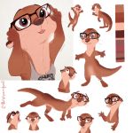  1:1 anklet anthro brown_body brown_fur clothed clothing color_swatch eyewear female fur glasses hi_res jewelry lutrine mammal model_sheet multiple_poses mustelid nude open_mouth open_smile pose ribbontini shirt signature simple_background smile solo tank_top topwear whiskers white_background 