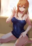  1girl aoki_clair backlighting breasts couch covered_navel faicha freckles gleipnir_(series) hair_between_eyes hand_on_hip kneeling long_hair looking_at_viewer medium_breasts school_swimsuit solo strap_lift swimsuit 