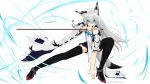  1girl animal_ears azur_lane bangs black_legwear black_sailor_collar blue_eyes blue_neckwear crossed_bangs detached_sleeves fox_ears fox_girl gray_fox highres holding holding_sword holding_weapon kawakaze_(azur_lane) kome5-56 long_hair metal_gear_(series) metal_gear_solid object_namesake parody ribbon-trimmed_clothes ribbon-trimmed_sleeves ribbon_trim sailor_collar sword thighhighs weapon 